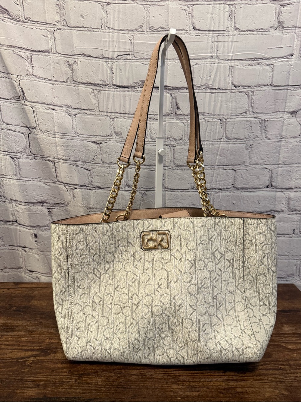 Calvin Klein White Logo Monogram Tote with Blush Trim